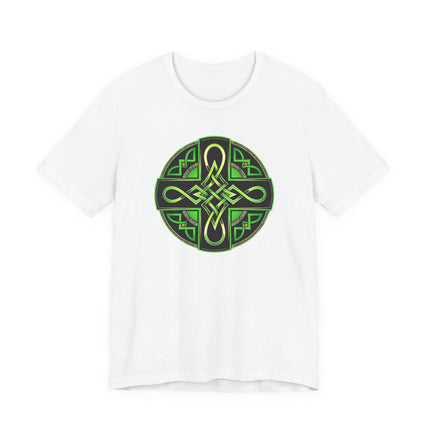 Green Celtic knot cross graphic on a white t-shirt, symbolizing Irish heritage and knotwork art.