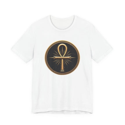 White t-shirt featuring a detailed gold Egyptian Ankh symbol graphic, the Key of Life.