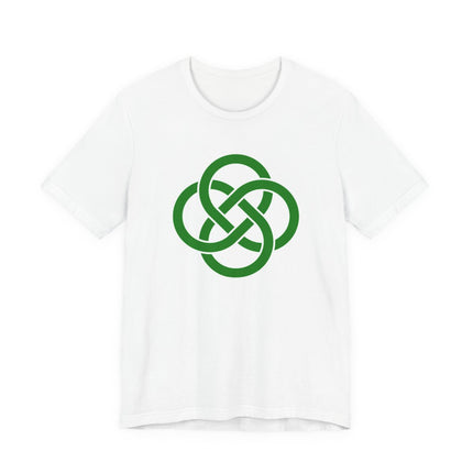 Green Celtic knot graphic on a white t-shirt. The interwoven knot symbolizes eternity and Irish culture.