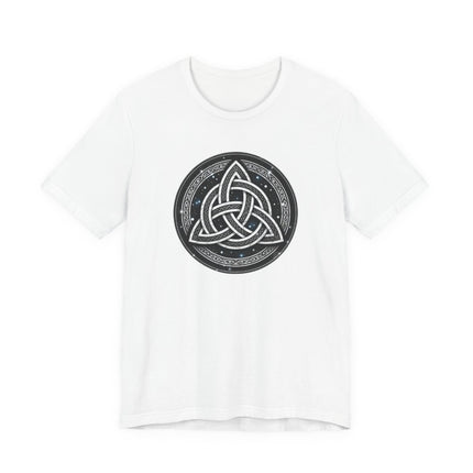 Celtic Triquetra knotwork design on a white graphic t-shirt.
