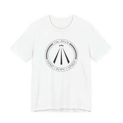 Awen symbol graphic tee featuring Mind Body Spirit text and Celtic design.