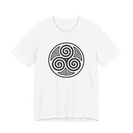 Celtic triskelion knotwork spiral design on a white t-shirt.