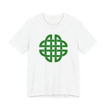 Green Celtic knot symbol graphic on a white unisex t-shirt.