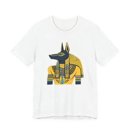 Anubis jackal god illustration on a white t-shirt, featuring an ancient Egyptian design.