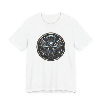 Graphic tee featuring a mystical winged Ankh symbol design from ancient Egypt.
