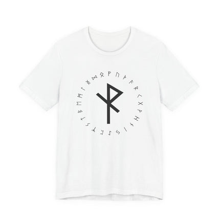 Norse Algiz rune and Elder Futhark runes graphic on a white protection t-shirt.