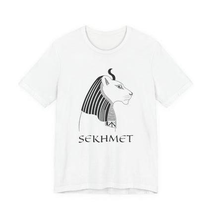 Sekhmet Egyptian goddess line art graphic tee featuring a stylized lioness profile.