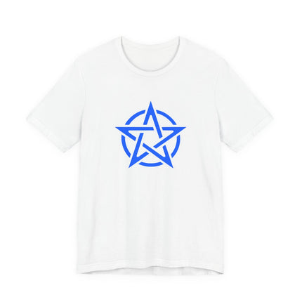 Blue pentagram symbol graphic on a white t-shirt.