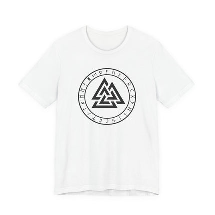 Norse Valknut and rune circle graphic on a white Viking t-shirt.