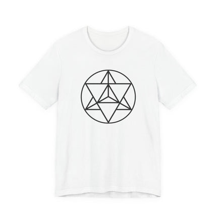 Black sacred geometry Merkaba symbol on a white t-shirt.