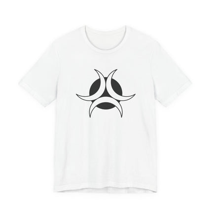 Triple Moon Goddess symbol graphic on a white unisex t-shirt for pagan apparel.