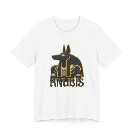 Black and gold Anubis Egyptian god graphic tee. Jackal-headed deity design for ancient Egypt fans.