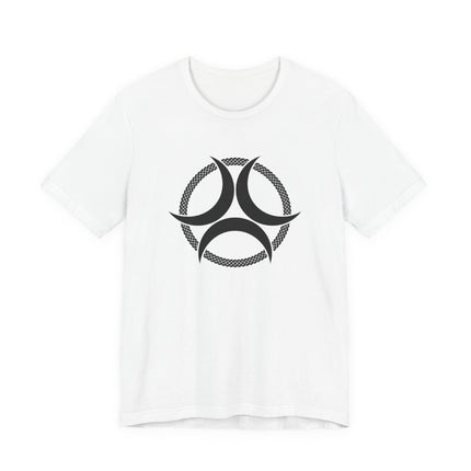 Triple Moon Goddess symbol knotwork graphic on a white unisex t-shirt.