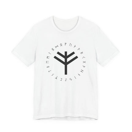 Rune graphic t-shirt with Norse bind rune and Elder Futhark symbols.