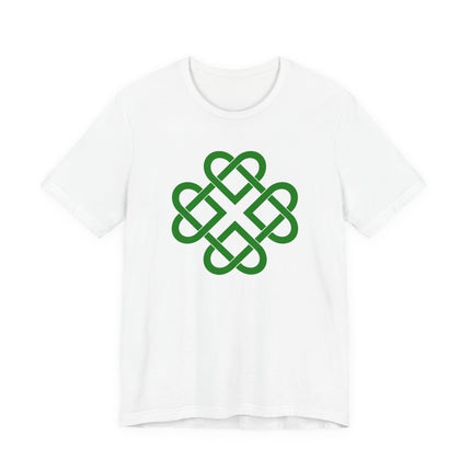Green Celtic knot clover symbol graphic t-shirt design.