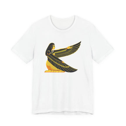 Ancient Egyptian Isis goddess graphic design featuring stylized wings and mythological art.