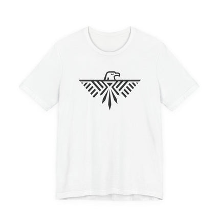 Geometric Thunderbird eagle graphic design on a white t-shirt.