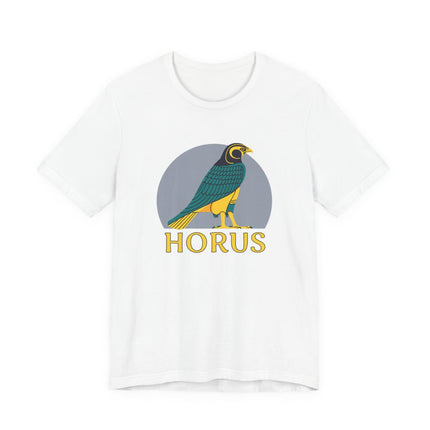 Horus Egyptian falcon god graphic tee featuring the falcon and name.