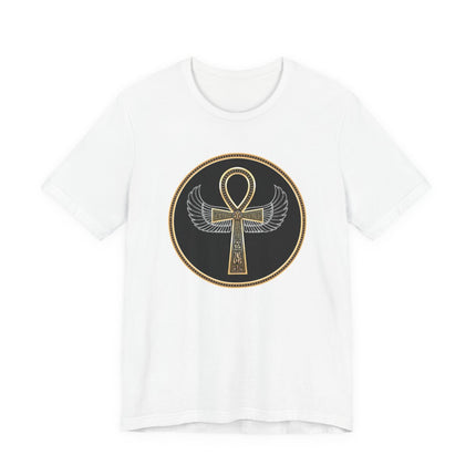 Gold winged ankh symbol graphic tee featuring ancient Egyptian mythology.