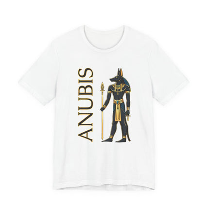 Anubis Egyptian god graphic on a white tee, featuring the jackal deity and "ANUBIS" text.