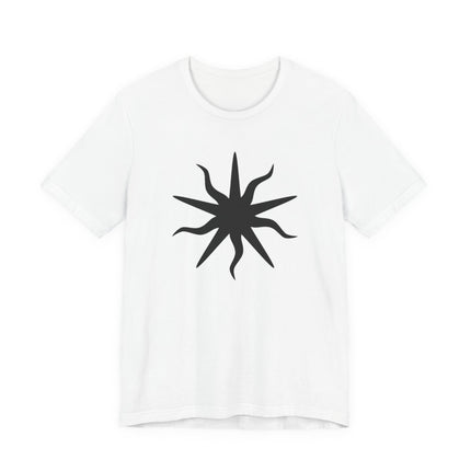 Occult sunburst symbol graphic on a white t-shirt. Mystical solar star design.
