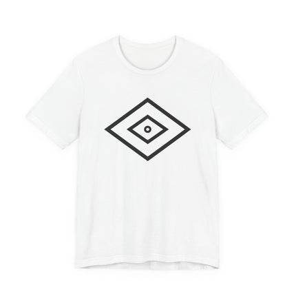 Minimalist Shaman's Eye symbol graphic on a white unisex t-shirt.