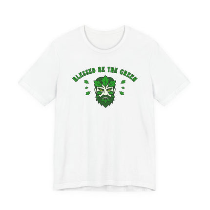 Green Man graphic tee with "Blessed Be The Green" text, perfect for nature and pagan lovers.