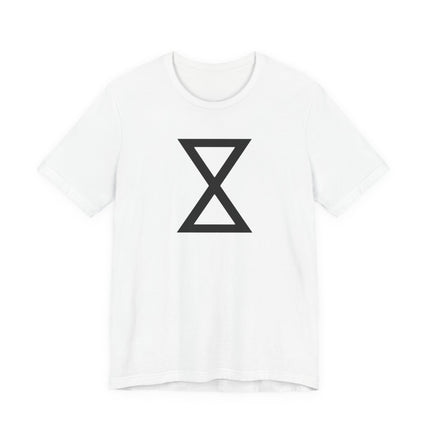 Black Kapemni hourglass symbol on a white t-shirt. Lakota Native American design representing cosmic balance.