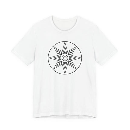 Mesopotamian Star of Ishtar symbol graphic tee. Black line art of the goddess symbol on a white shirt.