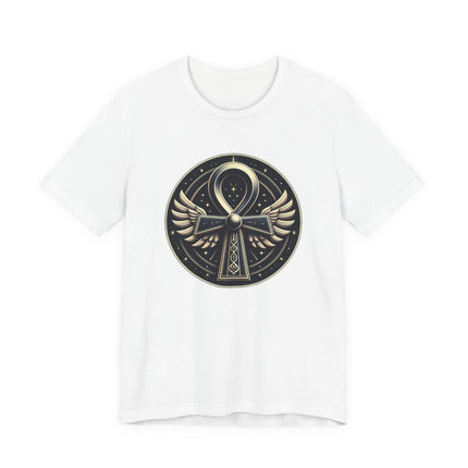 White t-shirt featuring a winged Ankh symbol within a celestial Egyptian design.