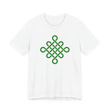 Green Celtic knotwork design on a white t-shirt.