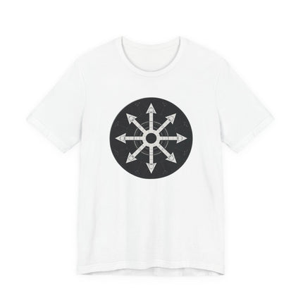 Occult chaos star symbol graphic on a white t-shirt.