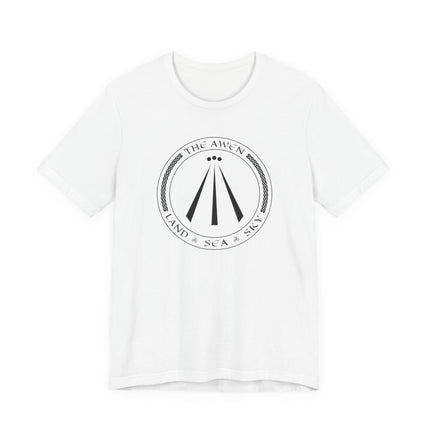 Celtic Awen symbol t-shirt graphic with Land Sea Sky text.