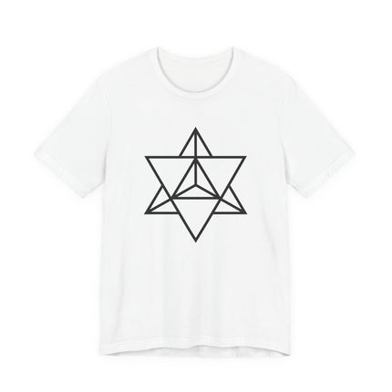 Black sacred geometry Merkaba symbol hexagram graphic on a white unisex t-shirt.