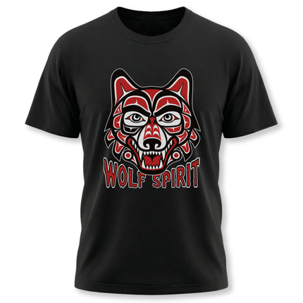 Red and black formline wolf head graphic on a black t-shirt, reading "WOLF SPIRIT.