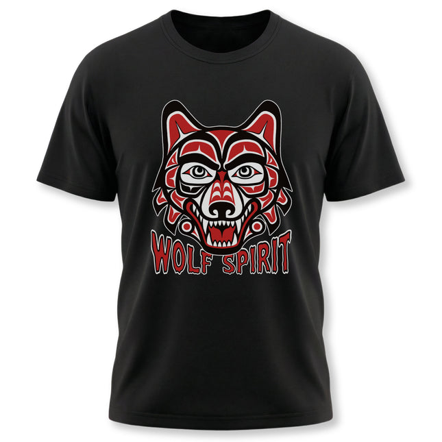 Red and black formline wolf head graphic on a black t-shirt, reading "WOLF SPIRIT.