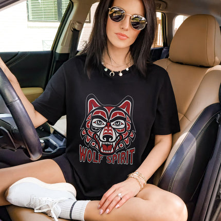 Wolf Spirit T-Shirt | Red & Black Indigenous Formline Wolf Head Tee Shirt