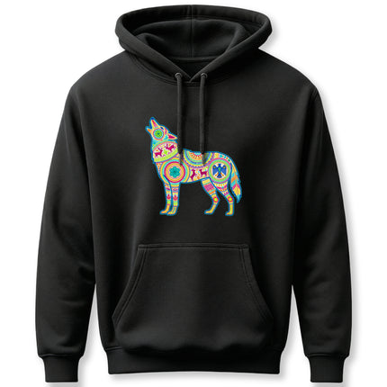 Huichol art patterned wolf graphic on black pullover hoodie.