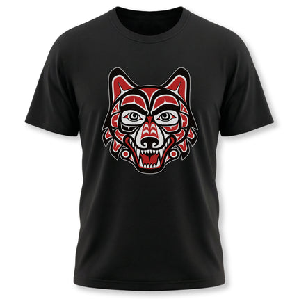 Red and white Northwest Coast tribal wolf head graphic on a black t-shirt.