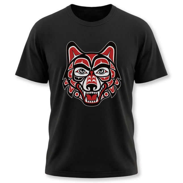 Red and white Northwest Coast tribal wolf head graphic on a black t-shirt.
