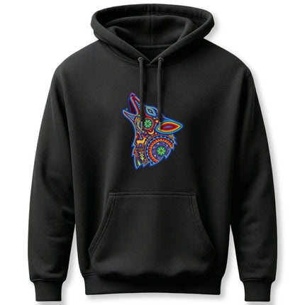 Vibrant Huichol-style howling wolf graphic on a black unisex pullover hoodie.