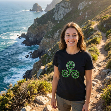 Black t-shirt featuring a green Celtic Triskelion triple spiral symbol design.