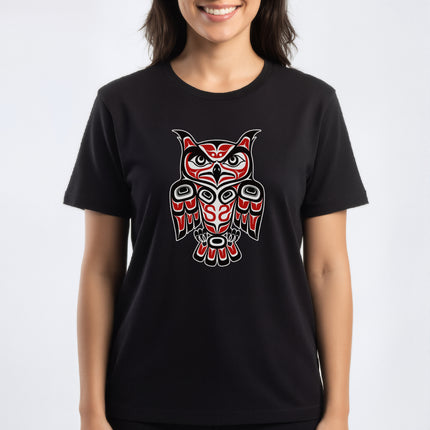 Red Black Owl T-Shirt | Pacific Northwest Indigenous Art Formline Design | Owl