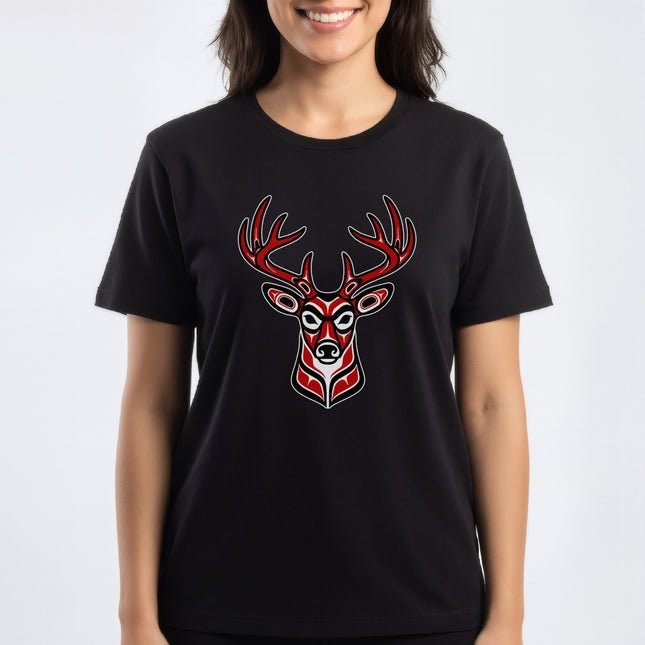 Indigenous Red Deer Head T-Shirt | Pacific Northwest Formline Art | Deer