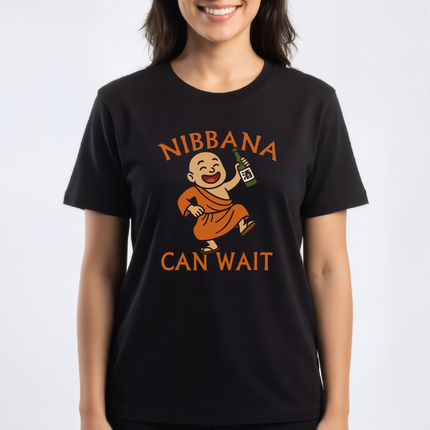 Nibbana Can Wait Monk T-Shirt | Funny Sake Bottle Buddhist Tee | Wait