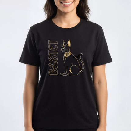 Bastet Cat Gold Egyptian T-Shirt | Ancient Egypt Goddess Text and Graphic Tee V3