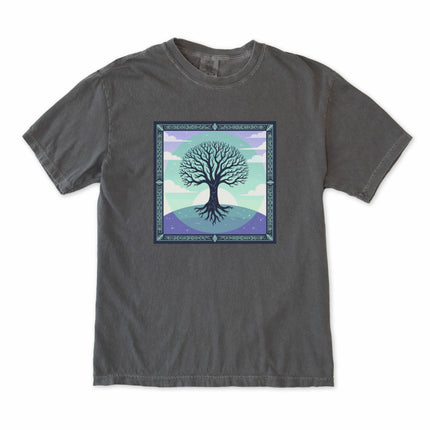 Yggdrasil Tree of Life t-shirt featuring intricate Celtic knotwork roots and branches graphic design.