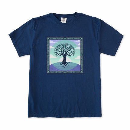 Celtic knot Yggdrasil Tree of Life t-shirt featuring roots and branches design.