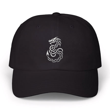 Celtic knotwork dragon embroidery on a black baseball cap.