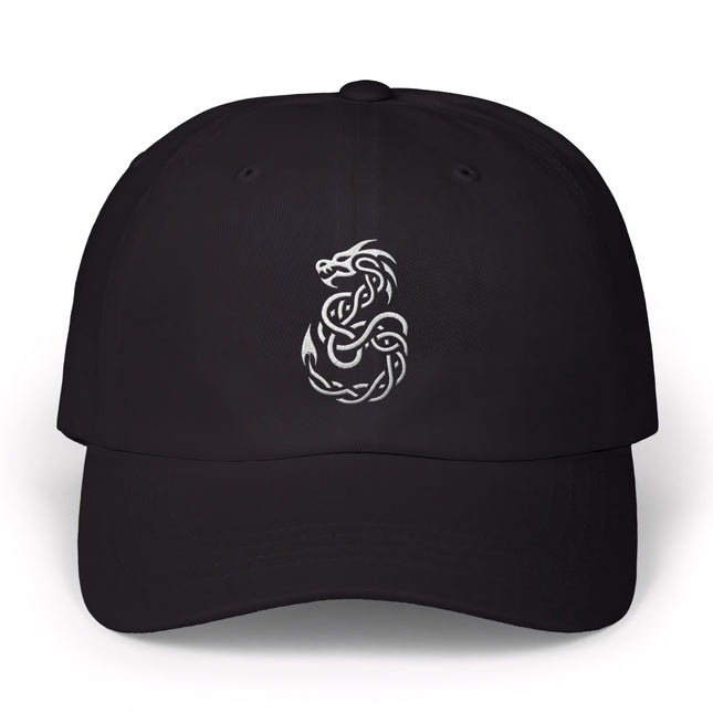Celtic knotwork dragon embroidery on a black baseball cap.